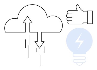 Veri akışını temsil eden yukarı ve aşağı okları olan bulut, onayı ifade eden baş parmaklar ve enerjiyi veya yeniliği sembolize eden ampul. Teknolojik çözümler, veri paylaşımı, internet bağlantısı için ideal