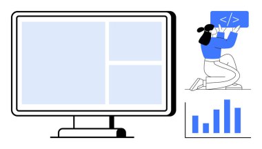 Monitörün yanında kod yazan bir kadın. Çizim bölümleri ve bir bar çizelgesi var. Web geliştirme, programlama, kodlama, teknoloji, analitik, takım çalışması, eğitim, basit iniş sayfası için ideal