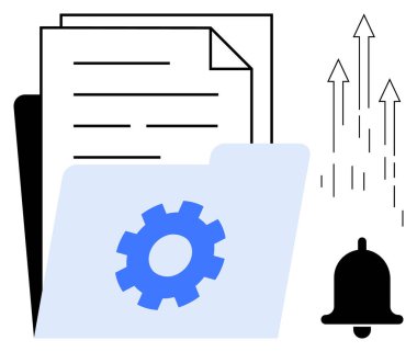 Mavi dişli, üst üste yığılmış kağıtlar, yukarı doğru oklar ve uyarı ziliyle birlikte bir belge klasörü. Üretkenlik, veri yönetimi, otomasyon, iş akışı, organizasyon verimliliği için ideal