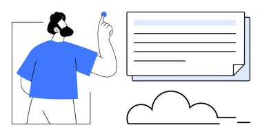 Sanal bir tahtaya yazı ve katmanlı belgelerle bakan bir adam. Yanında da bulut var. Yenilik, üretkenlik, teknoloji, beyin fırtınası, işbirliği, bulut depolama kavramları için ideal