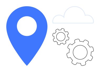 Mavi lokasyon iğnesi, ana hatlı bulut, iki ana hatlı vites. Navigasyon, sistem entegrasyonu, bulut teknolojisi, veri optimizasyonu, takım çalışması, dijital çözümler için ideal basit iniş sayfası