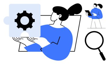 Elinde teçhizatlı bir yapboz parçası tutan kadın, problem çözmeyi temsil ediyor. İçinde büyüteç ve tabletli insan da var. Takım çalışması için ideal, strateji, analiz, yenilik, araştırma, ilerleme basit