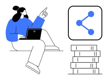 Kadın dizüstü bilgisayarla çalışırken işaret ediyor, teknolojiyi, takım çalışmasını ve ağ oluşturmayı sembolize ediyor. Kitap yığını bilgi paylaşımını temsil eder. Eğitim, iletişim, üretkenlik ve veri paylaşımı için ideal