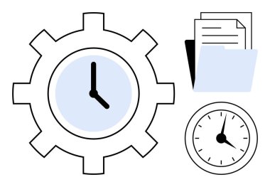 Verimliliği ve zaman yönetimini gösteren dişli saat, yanında da belgeli klasörler. İş için ideal, iş akışı optimizasyonu, görevler, strateji, organizasyon, zamanlama, odaklanma