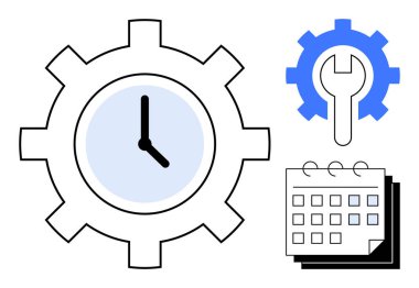 Saat verimliliği simgeleyen vites, tamir için vites anahtarı ve takvim. Zaman yönetimi, verimlilik, bakım, planlama, organizasyon, programlama için ideal