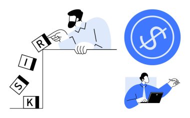 Profesyonel bahisler, heceleme riski, mavi dolar işareti, dizüstü bilgisayarı ve kalemi olan işçi. İş stratejisi, finans, yatırım, analiz, risk yönetimi, karar verme basit