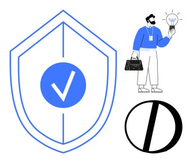 Çantası ampul tutan bir iş adamı, işaretli büyük bir kalkan, yasak işareti. Yenilik, güvenlik, uyum, koruma, güvenlik, risk önleme ve teknoloji kavramları için ideal