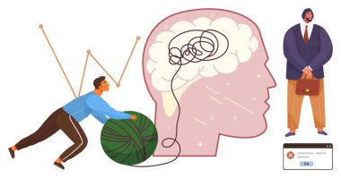 Beynin yakınına büyük iplik topu atan adam zihinsel berraklığı sembolize ediyor. Grafik çizgisi, profesyonel figür, tarayıcı penceresi. Psikoloji, problem çözme, iş, büyüme, strateji için ideal