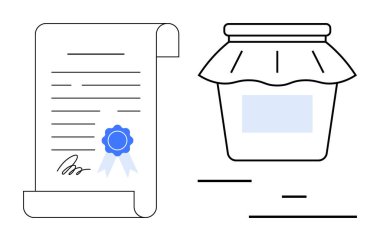 Mühür ve imzanın olduğu sertifika. Yanında da bir kavanoz ve kumaş kapaklı. Güven, sertifika, gerçeklik, onay, kalite güvencesi, markalaşma ve basit bir iniş sayfası için ideal