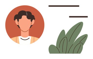 Soyut yeşil yapraklar ve minimal doğrusal aksanlarla, dünyevi tonlarda sade insan portresi. Profiller için ideal, sosyal medya, eko-kavramlar, minimalizm, tasarım, basitlik, markalaşma. Modern.