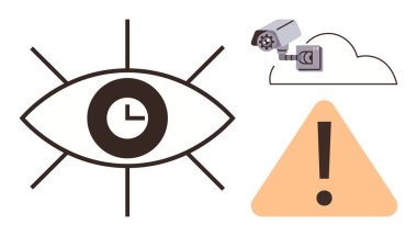 Saatli göz sembolü, bulut entegre güvenlik kamerası ve dikkat uyarı işareti. Gizlilik, gözetleme, teknoloji, veri koruması, zaman güvenlik sistemleri ve uyarılar için ideal. Basit düz