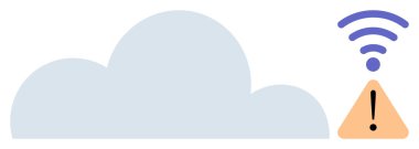 Kablosuz sinyalle kaplanmış uyarı işareti olan büyük bulut. Teknoloji, bağlantı, internet hatası, bulut depolama, siber güvenlik, ağ alarmı, sorun giderme için ideal. Basit düz metafor