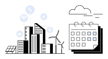 Gökdelenleri, rüzgar türbinleri, güneş panelleri ve dijital planlamaya bağlı bağlantı ikonları olan sürdürülebilir şehir. Yenilenebilir enerji, kentsel planlama, yenilik, akıllı teknoloji ve zaman için ideal