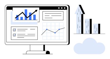 Grafikleri, büyüme ölçümlerini ve analitiği görüntüle. Yukarı ok, çizgi grafik, bulut ilerlemeyi simgeliyor. Veri analizi, iş stratejisi, büyüme izleme finans planı için ideal
