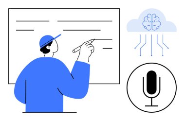 Gemide yazan adam, devreli yapay zeka, öğrenmeyi, yeniliği ve iletişimi simgeleyen mikrofon. Eğitim, yapay zeka, beyin fırtınası, teknoloji sunumu için ideal dijital araçlar
