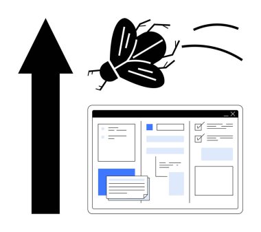 Web tarayıcı penceresinin yanında uçan ve yukarı doğru ok ile yazılım hatası düzeltmelerini, hata çözünürlüklerini ve kodlama iyileştirmelerini sembolize eden bir uçuş. Teknoloji, yazılım, hata ayıklama ve problem çözme için ideal