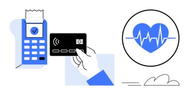 POS terminalinde, ECG çizgisi olan mavi bir kalbin yanında, elle bağlantı kurulamayan bir kart var. Finans, sağlık, teknoloji, dijital ödeme, refah, güvenlik perakendecisi için ideal. Basit düz
