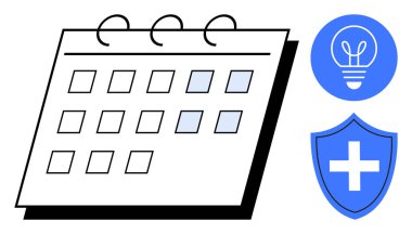 Mavi ampulün yanında işaretli tarihli takvim ve artı simgeli kalkan. Program, sağlık, güvenlik, yenilik, verimlilik, planlama, basit iniş sayfası için ideal
