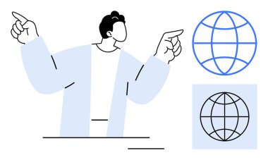 Küresel bağlantı, iletişim, keşif, ağ oluşturma, teknoloji, dijital büyüme ve dünya çapında sosyal yardım önerileri sunan çizgili dünya ikonlarına uzanan kolları olan kişiler. Basit düz