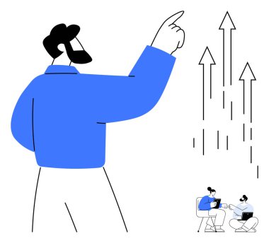 Ekip dizüstü bilgisayarlarla işbirliği yaparken profesyonelce büyüyen okları işaret ediyor. Liderlik, büyüme, takım çalışması, yenilik, hedef belirleme, iş stratejisi, akıl hocalığı için ideal. Basit düz metafor