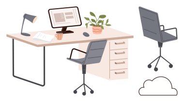 Bilgisayar, döner sandalyeler, masa lambası, kahve fincanı, saksı bitkisi ve kağıtlardan oluşan düzenli masa düzeni. Ofis tasarımı için ideal, uzak çalışma, üretkenlik organizasyonu teknoloji yaratıcılığı basit