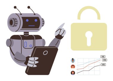 Robot tablet tutuyor, verileri inceliyor. Yakınındaki asma kilit siber güvenliği simgeliyor. Performans çizelgesi ilerlemeyi vurgular. Teknoloji yeniliği, yapay zeka, veri analizi, güvenlik, otomasyon için ideal