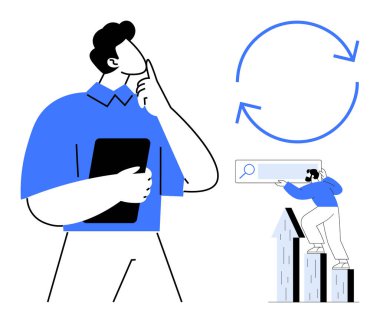 Tablet tutarken düşünen kişi, tırmanma figürlü büyüme tablosu, arama çubuğu, dairesel ilerleme okları. İş planlaması, büyüme, strateji, başarı, iyileştirme yeniliği için ideal