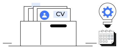 CV kartlı dosyalama sistemi, kullanıcı simgesi, dişli ampul ve takvim. İK için ideal, işe alım, kariyer planlaması, iş akışı organizasyonu işe alım stratejisi. Basit düz metafor