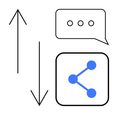 İletişim için üç noktalı mesaj baloncuğu, birbirine bağlı noktalar ve değiş tokuş için oklarla simgeyi paylaş. İletişim, ağ, paylaşım, içerik oluşturma, sosyal medya ve işbirliği için ideal