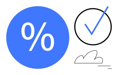 Mavi çemberdeki büyük yüzdelik sembol, çemberdeki en küçük siyah işaret, altında çizgiler olan bulut çizgisi. Finans, başarı, tamamlama, hedefler, onay, basitlik için ideal