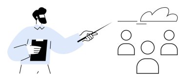 Pano ile sunucu takım simgelerini ve bulutlarını gösteriyor. İş için ideal, takım çalışması, koçluk, planlama, iletişim, strateji, akıl hocalığı. Asgari ve basit düz metafor