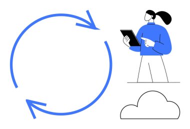 Tablet tutan kadın, dairesel oklarla ve bulut elementiyle temsil edilen veri akışını gözlemliyor. İş akışı yönetimi için ideal, bulut hesaplama, veri analizi, dijital dönüşüm, iş