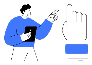 Tableti tutan, büyük el simgesine işaret eden, rehberliği, teknolojiyi, takım çalışmasını, karar verme mekanizmasını, işbirliği, eğitim ve arayüzü sembolize eden kişi. Basit düz metafor için ideal