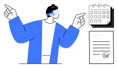 VR kulaklık takan, iki eli takvimin yanında olan ve kontrat imzalamış biri. Teknoloji, yenilik, üretkenlik, zamanlama, sözleşmeler, sanal çalışma, fütüristik