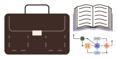 Profesyonel kullanım için kahverengi çanta, eğitim için açık kitap ve veri düğümleri ve akış okları ile yapay zeka çalışma akışı. İş, öğrenme, teknoloji, otomasyon, yenilik, kariyer ve ilerleme için ideal