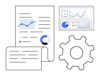Analitik dokümanlar, grafikler, pasta grafikleri, ve bir dişli ve dijital ekranın yanında büyüme metrikleri. Veri sunumu, iş yönetimi, iş akışı, süreç iyileştirmesi ve strateji için ideal