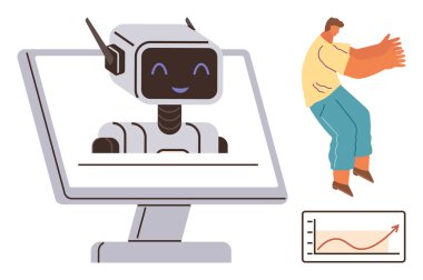 Gülümseyen robot arayüzü monitörde gösteriliyor, adam enerjik bir şekilde bağlanıyor, köşesinde büyüme grafiği var. Yapay zeka iletişimi, teknoloji, takım çalışması, dijital etkileşim, sanal yardım, analitik için ideal