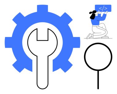 İngiliz anahtarlı dişli, teknik araçları temsil ediyor, kodlama, geliştirme. Kod paneli tutan kadın programlama, optimizasyon ve hata ayıklamayı ima ediyor. Yazılım, mühendislik, teknoloji öğrenme uygulaması için ideal