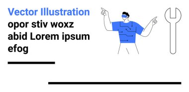 VR gözlüklü biri İngiliz anahtarının yanına işaret ediyor. Teknoloji, yenilik, araçlar, onarım, gelecek temalar, dijital dönüşüm, basit iniş sayfası için ideal