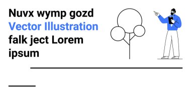 Resmi kıyafetli bir adam çizilmiş ağaç ve yer tutucu metnin yanındaki panoyla metne işaret ediyor. Eğitim, sunumlar, takım çalışması, iletişim, iş planlaması, analitik, basit