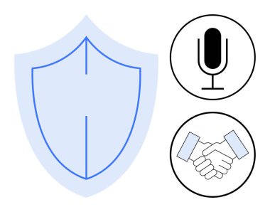 Mavi kalkan, mikrofon ve el sıkışma ikonları güvenlik, iletişim, güven, işbirliği, koruma, ortaklık güvenliğini vurguluyor. Güven inşa eden güvenli sistemleri kurmak için ideal