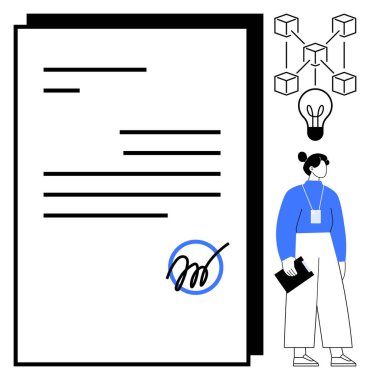 Kalem darbesi, engelleyici unsurlar, fikirler için ampul ve elinde dosya tutan profesyonel bir kadın. Sözleşmeler, anlaşmalar, teknoloji, liderlik ve yenilik için ideal