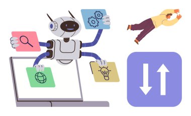 Yapay zekayla çalışan robotlar dijital aletlerle, arka planda yüzen insanlar, yön veri okları. Yapay zeka, otomasyon, yenilik, üretkenlik, yaratıcılık, veri akışı fütüristik