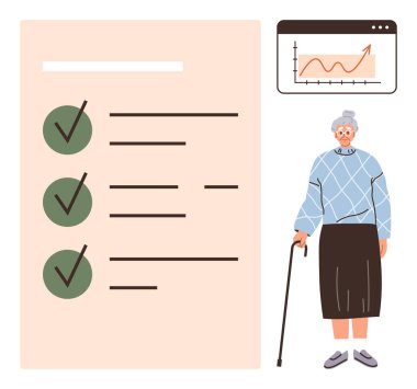 Elinde baston tutan yaşlı bir kadın kontrol işaretleri ve yükselen eğilimleri gösteren bir grafiğin yanında duruyor. İlerleme, hedefler, yönetim, planlama, sağlık, kıdemli bakım, analitik için ideal. Basit.