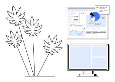 Sayısal analitik gösterge panelinde minimalist bitki çizimiyle eşleşen çizimler ve raporlar var. Uzak çalışma, veri görselleştirme, tasarım, yaratıcılık, üretkenlik, denge, basit iniş için ideal