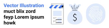 Mobil vitrinde güneşlik, para çantasında dolar işareti ve dijital ödemeleri ve güvenliği simgeleyen parmak izi. E-ticaret, ödemeler, fintech, güvenlik, çevrimiçi alışveriş, dijital