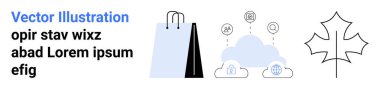 Bulut depolama ikonları ve teknoloji rozetleriyle donatılmış minimalist alışveriş çantası. Alışveriş teknolojisi, e-ticaret, ağlar, sürdürülebilirlik, veri, güvenlik, basit iniş sayfası için ideal