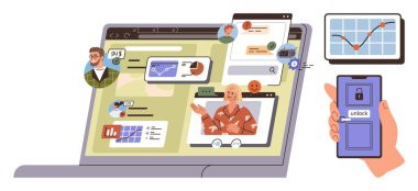 Takım çalışmasını gösteren dizüstü bilgisayar, sanal toplantılar, analitikler, güvenli telefon açma, grafikler. Uzaktan çalışma, iletişim, veri güvenliği, çevrimiçi öğrenme proje yönetimi işi için ideal