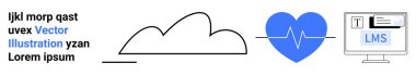 Bulut ana hatları depolamayı temsil ediyor, mavi kalp nabız çizgisi sağlık takibini ve sağlığını sembolize ediyor ve LMS giriş sayfasını gösteriyor. Sağlık teknolojisi, e-öğrenim, fitness, yazılım için ideal