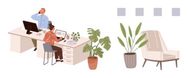 İki meslektaş ortak bir masada, biri telefonda, biri de dizüstü bilgisayarda çalışıyor. Yakınlarda, saksı bitkileri ve parlak bir koltuk profesyonel ve rahatlatıcı çalışma alanını tamamlıyor. Takım çalışması için ideal